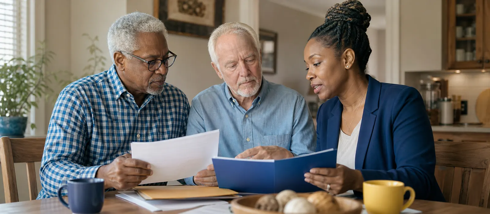 A couple discussing life insurance and final expense planning with an insurance professional.