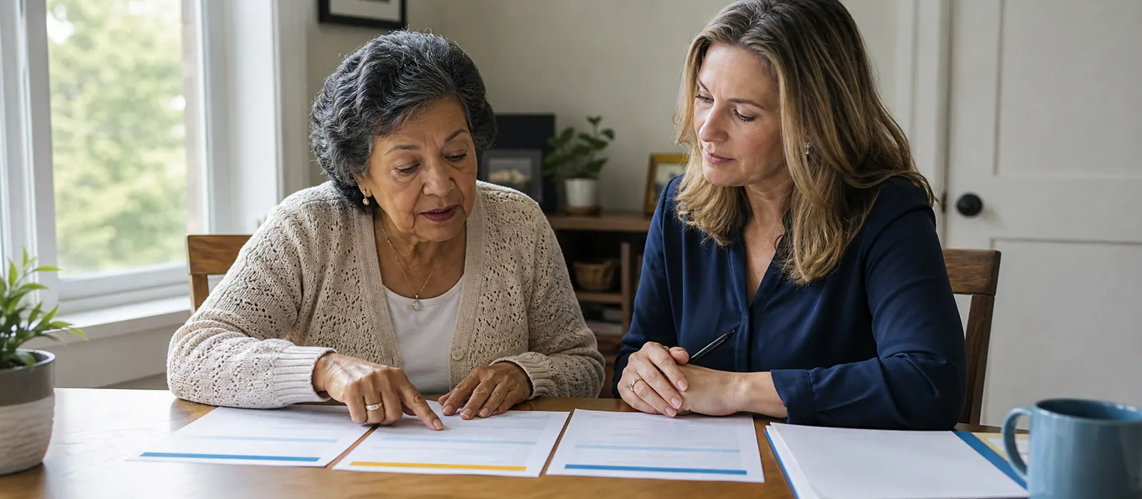 An older woman reviewing Medigap and Medicare Supplement plan options with an insurance professional.
